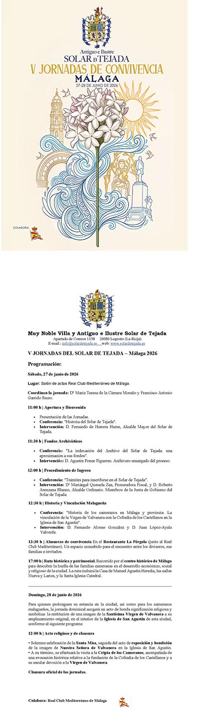 Cartel y actos de las V Jornadas del Solar de Tejada en Málaga 2026